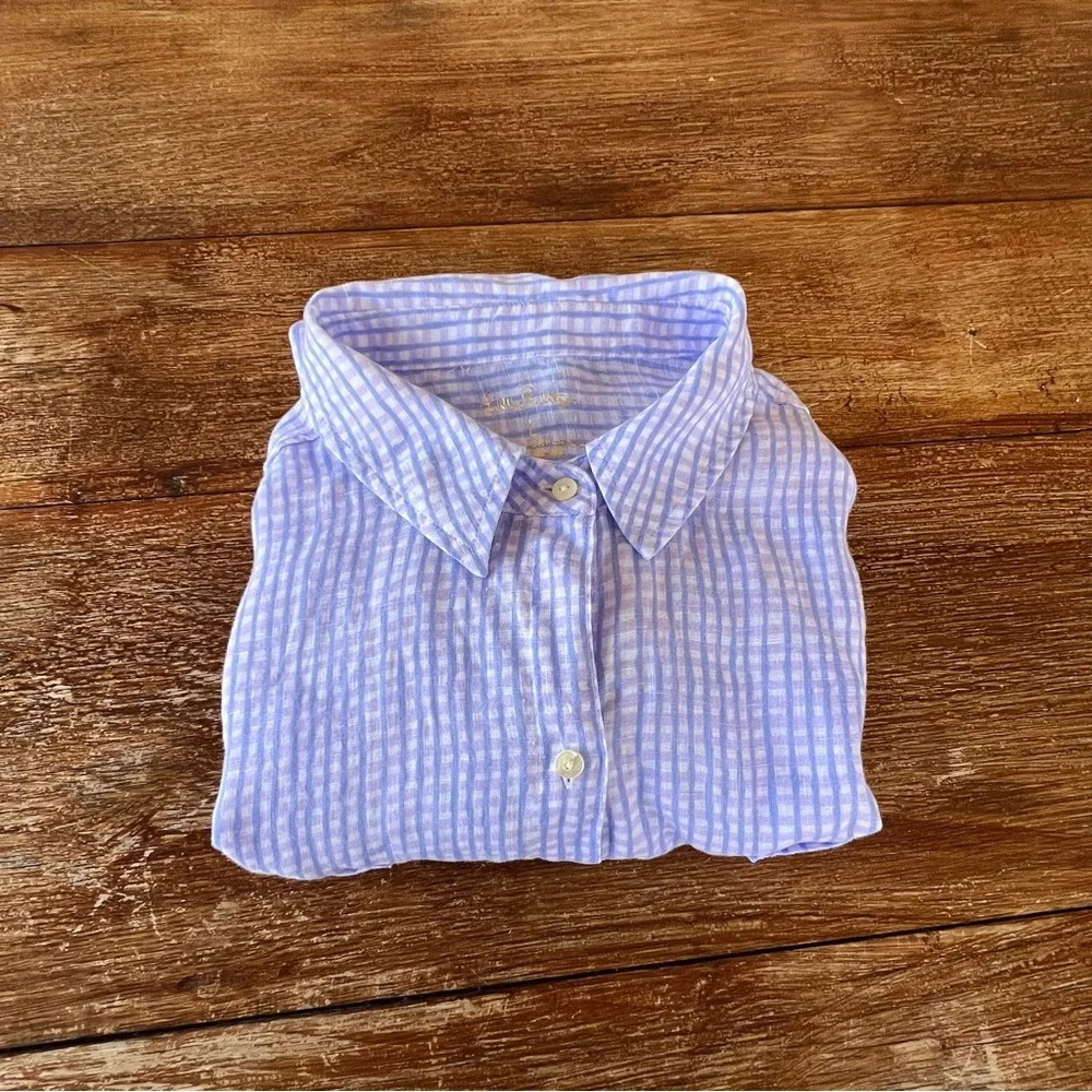 Lilly Pulitzer 100% Linen Button Down Shirt Women’s Purple Blue Plaid Size Large - Picture 14 of 15